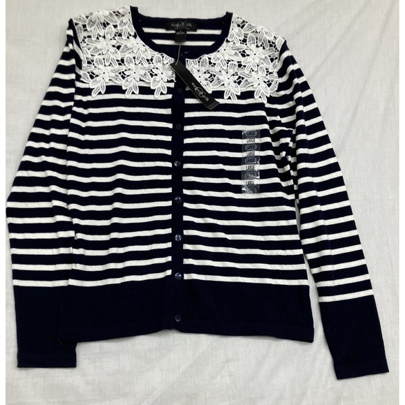 august silk Sweaters - August Silk Heritage Cardigan Women L Navy Blue Striped Lace Applique Nautical